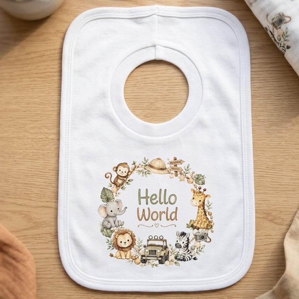 KWB135: Hello World Jungle Print Over Head Bib KWB135: Hello World Jungle Print Over Head Bib